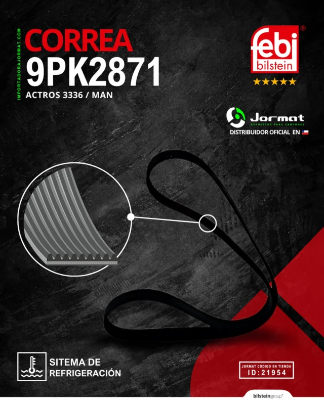 CORREA  9PK2871 - FEBI

👀 Sabías que la correa mueve la bomba de agua, el alternador y el aire acondicionado? Si falla, el motor empieza a sufrir…

Reemplázala por una FEBI, calidad alemana para tu camión

✅ ID: 21954
✅ Sistema: REFRIGERACIÓN
✅ Compatibilidad: ACTROS 3336 - MAN
✅ Alta resistencia al desgaste y durabilidad 

Encuéntrala solo en JORMAT, distribuidor oficial FEBI en 🇨🇱

📲 Escríbenos al WhatsApp haz click en el botón “Contactar” de nuestra bio.

📍 Contamos con 5 sucursales a lo largo de Chile:

• CHILLÁN: +569 42715616
• CONCEPCIÓN: +569 42123623
• CONSTITUCIÓN: +569 87755176
• LOS ÁNGELES: +569 3926 2833
• TEMUCO: +569 97557647

📦⚡️ Elige tu transporte favorito y recibe donde estés!

______________________________________________

💡 @ideasinapsis 

#correa #correaventilador #9PK2871 # correo9PK2871  #actros #febibilstein #febichile  #camion #repuestocamion  #jormat  #repuestos #camion  #mercedesbenztruck #mercedesbenz #camiones  #repuestocamiones #partescamion #camioneschile #camionchileno  #ruta5 #ruta5sur  #temucochile  #chillanchile  #losangeleschile #biobio  #concepcionchile #constitution #trucks #repuestosjormat #repuestoscamion #repuestoscamionchile